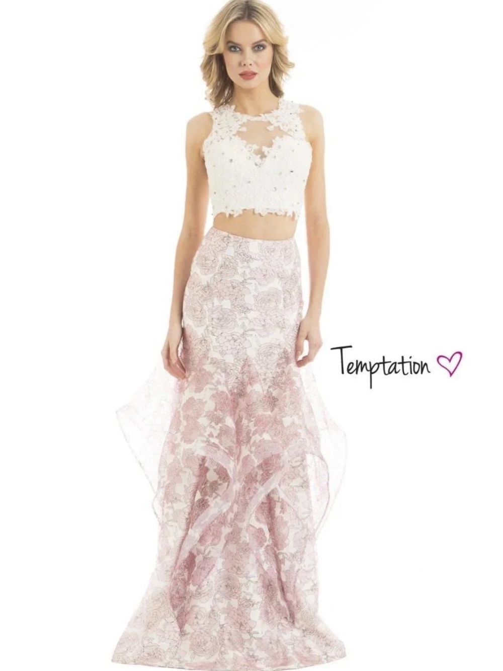 Temptations Two-Piece White Lace Crop Top with Blush Floral Lace Skirt